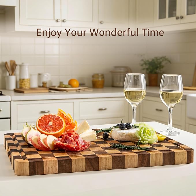 Wooden Cutting Boards for Kitchen, 1.2" Checkered Cutting Board | 17" x 12" Walnut Chopping Board with Juice Grooves & Handles, Double-sided Butcher Block for Prep & Serving with Gift Box