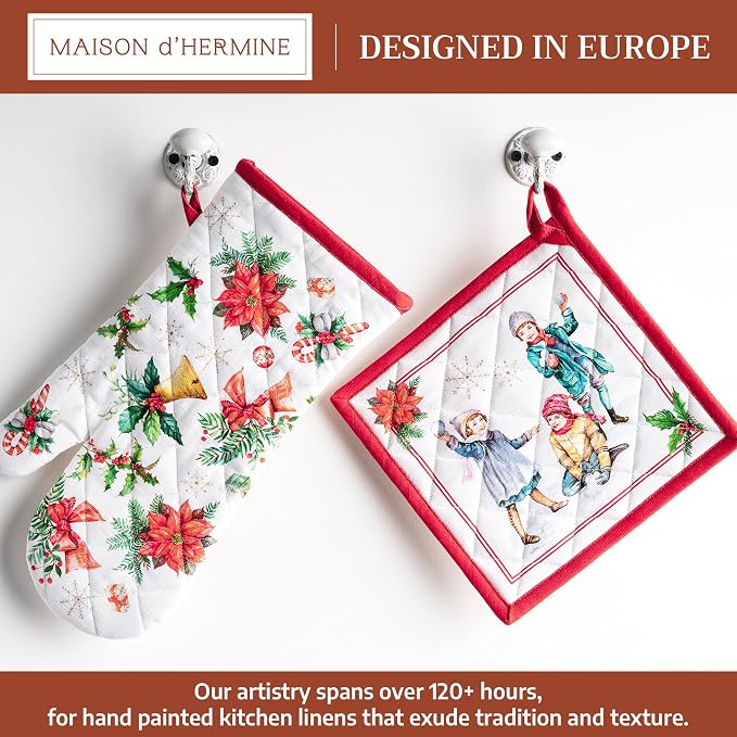 Maison d' Hermine 100% Cotton Oven Mitt & Pot Holder Set (7.5"x13" & 8"x8") | Heat Resistant BBQ Cooking Gloves with Loop Baking Grilling Kitchen Hotel Home Farmhouse Thanksgiving Christmas - Chromo