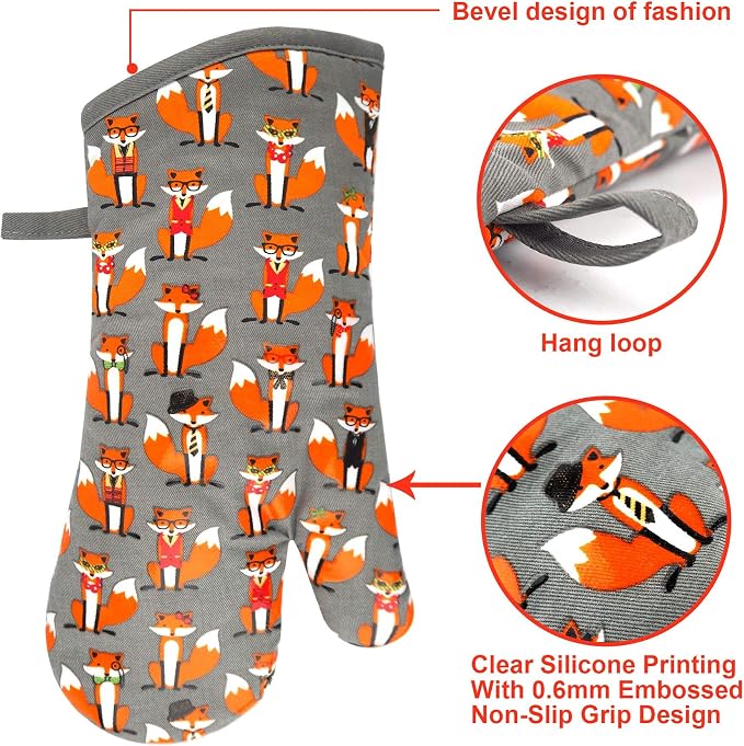 Oven Mitts Gloves 1 Pair Heat Resistant 480 ℉ Non Slip Clear Silicone Printed Fox Comfortable Cotton Lining Kitchen Women Men Cooking Baking Barbecue Machine Washable (Fox, Gray Mittens)