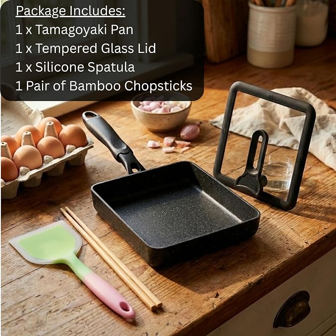 HAPPI STUDIO Tamagoyaki Pan - Japanese Egg Pan with Lid, Square 7x6 Inch | Japanese Omelette Pan For Rolled Omelets - Nonstick Tamago & Square Frying Pan, Induction Ready, Heat-resistant Handle