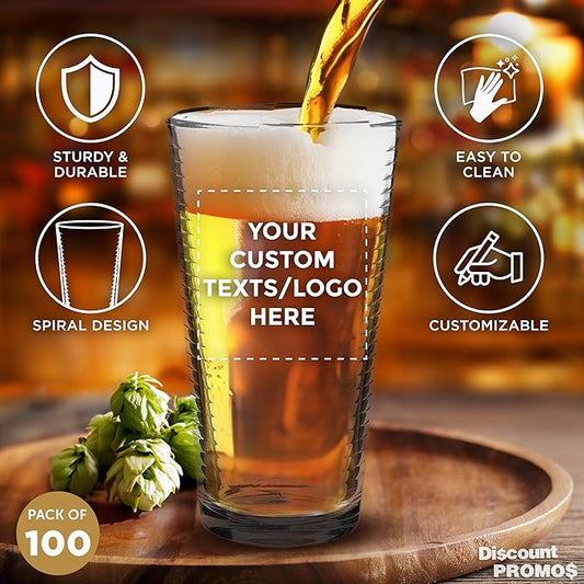 Custom Spiral Pint Glass 16 oz. Set of 100, Personalized Bulk Pack - Beer Glasses, Heavy Duty Drinkware - Clear