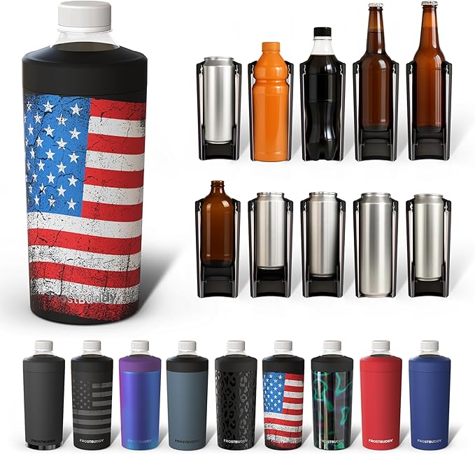 Frost Buddy XL Can Cooler - Fits 12/16/20/24 oz Cans & Bottles (Merica-) | Keeps drinks chilled 12+ hrs | No sweat, no condensation | Fits slim & standard cans