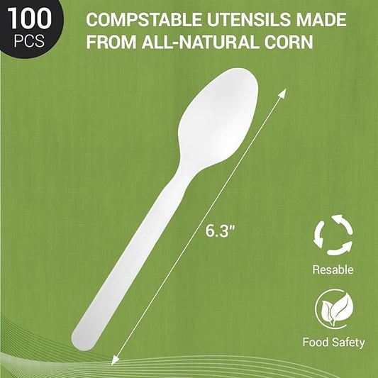 Compostable Spoons [100 Pcs] CPLA Spoons Disposable BPI Certified BPA-Free, Heat Resistant, Durable Disposable Utensils Alternative to Plastic Silverware for Daily, Party & Camping