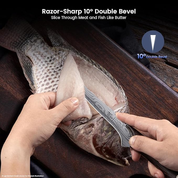 Fillet Knife, Razor Sharp 7.2 Inch Boning Knife, High Carbon Stainless Steel Filet Knives with High Flexibility, Wooden Handle, Full Tang Damascus Pattern Fishing Knives, Ideal Gift