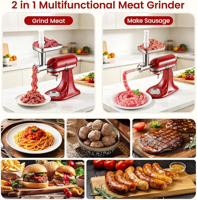 Stainless Steel Meat Grinder Attachment for KitchenAid Stand Mixer | Food Grade, Heavy Duty, No Clog, Dishwasher Safe, Sausage Stuffer & Burger Maker