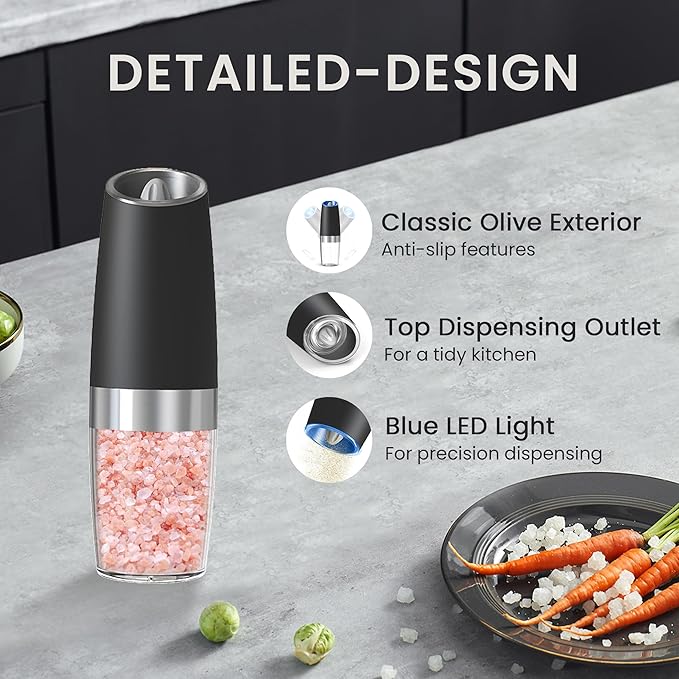 Battery Operated Salt And Pepper Grinder with LED Light, Automatic Electric Gravity Salt And Pepper Shakers, Each 6 AAA Batteries Needed, Adjustable Roughness, 1 Pack (Black)