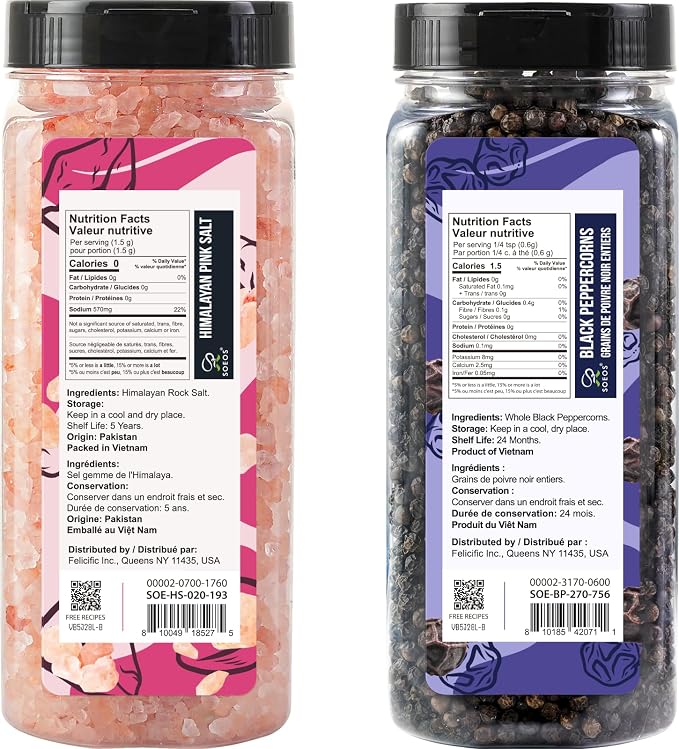 Soeos Himalayan Pink Salt 20oz + Whole Black Peppercorns 9.5oz Set, Coarse Grain, Salt for Grinder Refill, Salt and Pepper Grinder, Non-GMO Verified, Spice Seasoning Set for Cooking