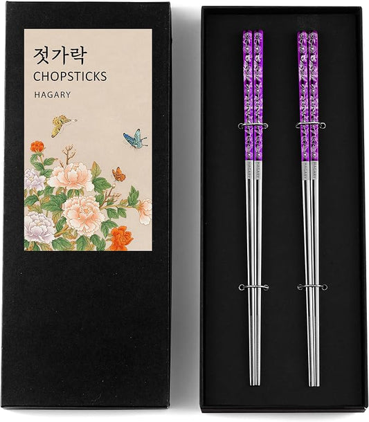 Peony and Butterfly Chopsticks Metal Chopsticks Reusable Designed in Korea Japanese Style Stainless Steel 316 18/10 Non-Slip Dishwasher Safe Laser Etched 2 Pairs Purple