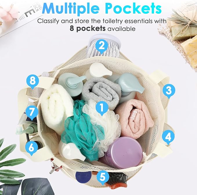 Fammart Mesh Shower Caddy Portable for College Dorm Room Essentials, Odorless Polyester Large Shower Tote Bag with Dual Handles, 8-Pocket Quick-Dry Toiletry Organizer for Travel, Beach, Camping, Gym