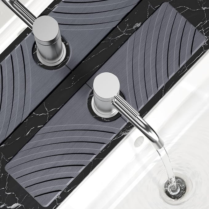 SpaceHacks Stone Faucet Mat for Kitchen Sink - Fast Drying Diatomite Stone Drying Mat, Textured Drainage Sink Protector, Water Splash Guard with Base Pads for Bathroom Counter (15.7x4 in, Dark Gray)