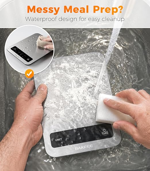 Waterproof Kitchen Food Scale, 1g/22lb, IP67, Rechargeable, Black | Premium Stainless Steel & Tempered Glass, Clear LED Display, with 6 Units, Tare, Ideal for Cooking, Making Sourdough Bread