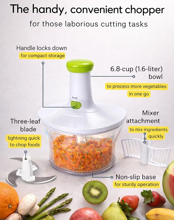 Brieftons Express Manual Food Chopper, 6.8-Cup Hand Pump Vegetable Chopper to Chop Veggies Onion Garlic Herbs, Tear-Free Onion Chopper & Salsa Maker for Camping RV Home, 3-Leaf Stainless Steel Blade