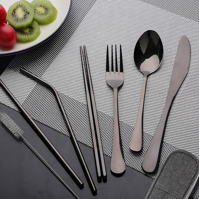 Travel Utensils Set with Case Reusable Portable Cutlery Set Stainless Steel 8pcs Including Dinner Knife Fork Spoon Chopsticks straws(Black)