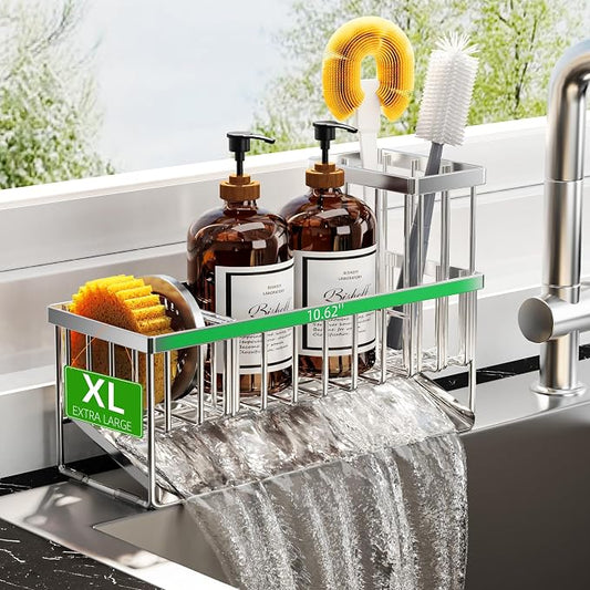 Cisily Extra Large Silver Kitchen Sink Caddy Organzier with High Brush Holder, Sponge Holder for Sink, 304 Rustproof Stainless, Kitchen Countertop Soap Dispenser Organizer For Decor and Accessories