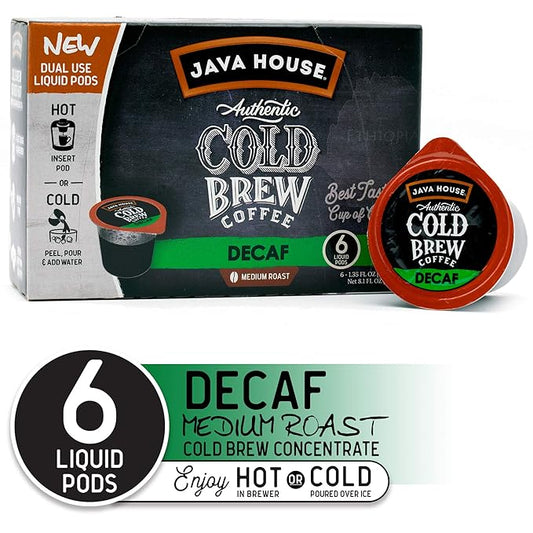 Java House Single-Serve Cold Brew Coffee Pods – Premium 100% Arabica Liquid Concentrate – Smooth & Bold Decaf Roast – 6 Pods – Ready Hot or Iced, Travel-Friendly, TSA Approved