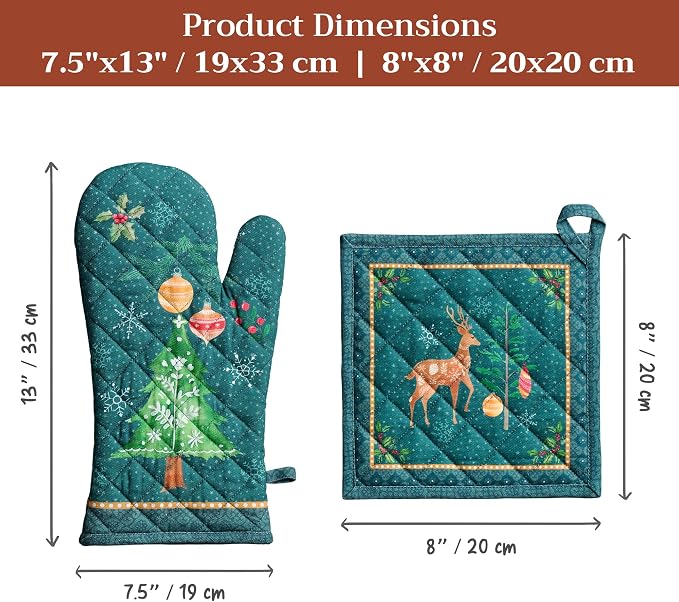 Maison d' Hermine 100% Cotton Oven Mitt & Pot Holder Set (7.5"x13" & 8"x8") | Heat Resistant BBQ Cooking Gloves with Loop Baking Grilling Kitchen Home Farmhouse Thanksgiving Christmas - Hygge Christmas