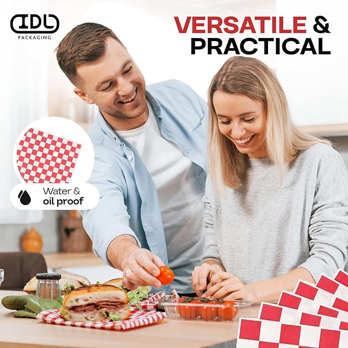 Red Checkered Deli Paper Sheets, 12" x 12" (250 pcs) - USA-Made Premium Food Basket Liners - PFAS-free Grease Resistant Deli Paper Sheets for Food, Snack & Baking Wrap, Picnic & Party by IDL Packaging