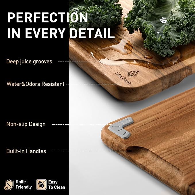 3 Pack Teak Wood Cutting Board Set for Kitchen Charcuterie Board Serving Heavy Duty Non Toxic Slip Over Sink Solid Thick Haus Wooden Chopping Board Large Big Small Meat Best Kitchen Mother Gift