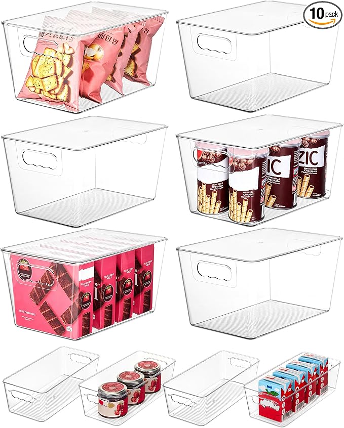 Vtopmart 10 Pack Clear Storage Bins with Lid Set for Pantry Organizer | 6 Large and 4 Small Plastic Pantry Storage Bins with Handle, Storage Containers for Pantry, Kitchen, Fridge, Cabinet