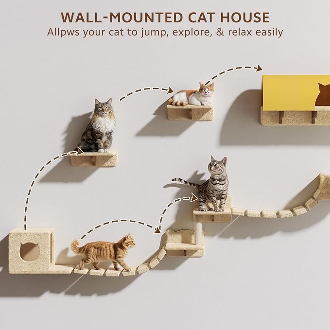 Cat Wall Furniture, 26 in 1 Cat Shelves w/Cat Tree, Tunnel, Beige | Wall Mounted Cats Furniture Set w/Plush Fabric, Cat Climbing Systems for 16 Inch Drywall, with Scratching Posts, Bridge, Moon