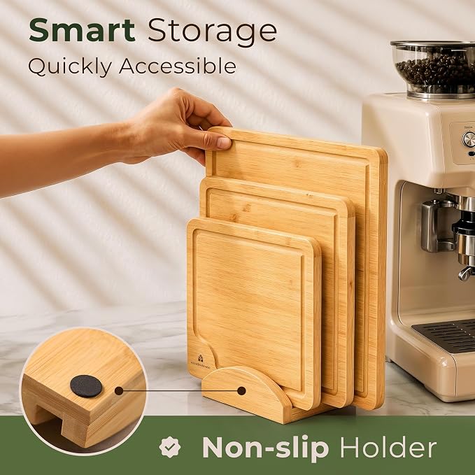 Bamboo Cutting Boards for Kitchen, Set of 3 with Holder & Juice Grooves | Thick & Durable with Built-in Handles, Large Surface – Easy to Clean for Meat, Veggies & Fruit