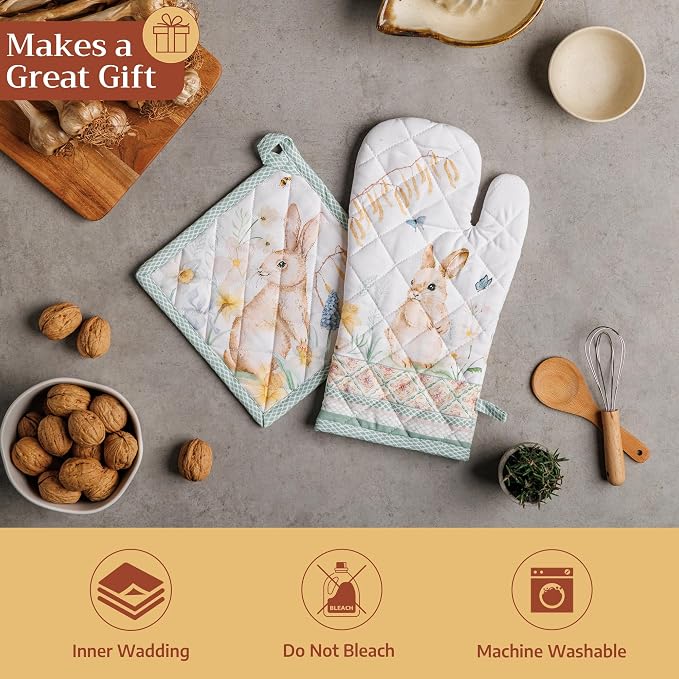 Maison d' Hermine 100% Cotton Oven Mitt & Pot Holder Set (7.5"x13" & 8"x8") | Heat Resistant BBQ Cooking Gloves with Loop Baking Grilling Kitchen Hotel Home Farmhouse Spring Summer - Easter Dew