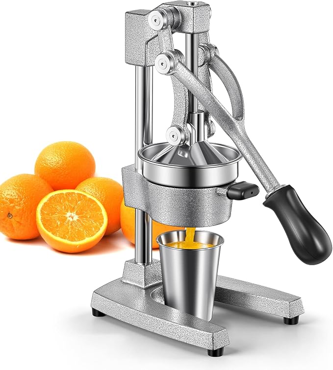 QCen Manual Citrus Juicer Cast Iron Heavy Duty Orange Press | Stainless Steel Strainer, Hand Squeezer, Easy To Clean, For Orange, Lemon, Lime And Grapefruit, Silver