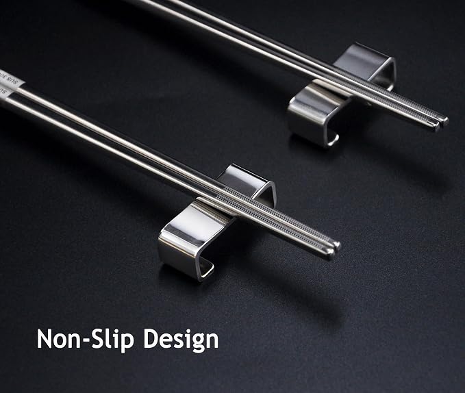 Metal Chop Sticks Reusable Dishwasher Safe with Holder, SUS 304 Stainless Steel Chopsticks, Elegant Chopsticks Reusable Non-Slip Design Gift Set (Metal)