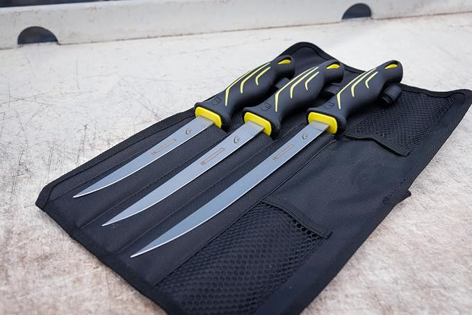 danco 4-Piece Fishing Fillet Knife Kit with Roll Bag, 6, 7 and 9-Inch Set | 4-Piece Fishing Fillet Knife Kit, 6, 7 and 9-Inch Stainless Steel Blades, Non-Slip Handles, 1000D Roll Bag, Fresh/Saltwater