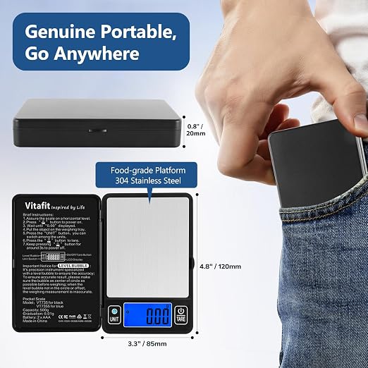 Vitafit 500g Digital Gram Scale in 0.01g, High Accuracy Assured by Built-in Level Bubble, Scale Professional Since 2001, Pocket Scale for Multi-Function: Kitchen, Food, Jewelry, Lab, Coffee, Black