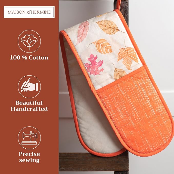Maison d' Hermine Double Oven Mitts 100% Cotton Double Oven Glove (7"x35") | Heat Resistant BBQ Cooking Gloves with Loop Baking Kitchen Home Hotel Farmhouse Thanksgiving Christmas - Colours Of Autumn