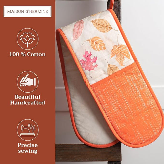 Maison d' Hermine Double Oven Mitts 100% Cotton Double Oven Glove (7"x35") | Heat Resistant BBQ Cooking Gloves with Loop Baking Kitchen Home Hotel Farmhouse Thanksgiving Christmas - Colours Of Autumn