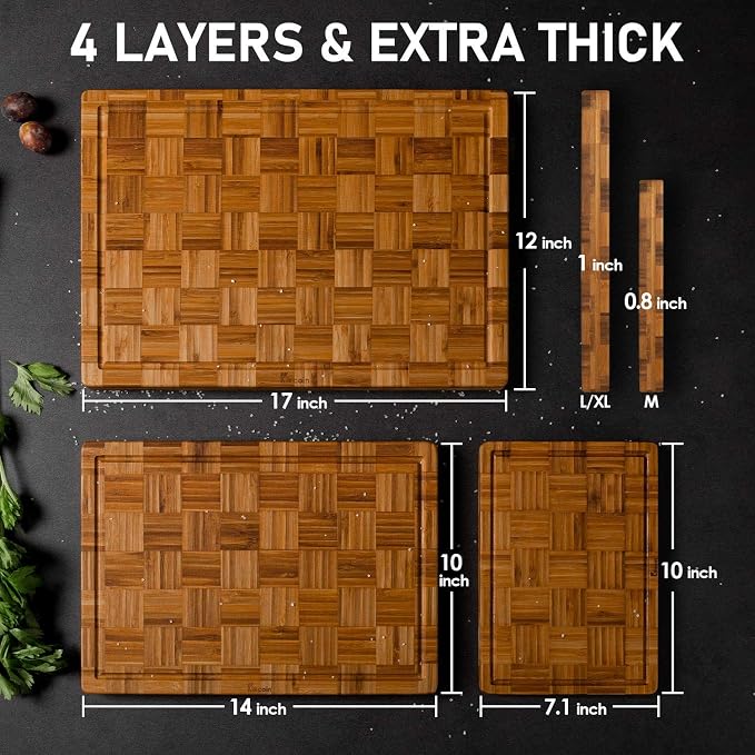 Kikcoin Extra Large Bamboo Cutting Boards, (Set of 3) Chopping Boards with Juice Groove Bamboo Wood Cutting Board Set Butcher Block for Kitchen, End Grain Serving Tray (Pack of 2)