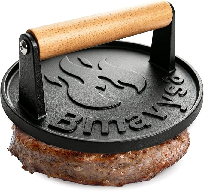 Heavy Duty Cast Iron Smash Burger Grill Press with Wooden Handle | Non-stick & Rust Resistant, Ideal Burger Smasher for Hamburgers, Bacon, Steak, Sandwiches and Beef on Grill & Griddle