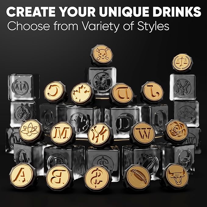 Berlinzo Ice Stamp Ring for Cube & Sphere - Custom Ice Cubes for Whiskey, Mojito Cocktails – M Letter Shaped Brass Ice Stamp m/ 3mm Depth - Black