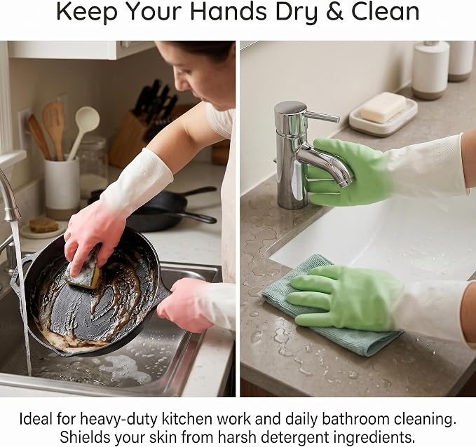Cleaning Gloves 2 Pairs, Medium Reusable Dishwashing Gloves Honeycomb Non-Slip Grip, Waterproof Long Cuff Household Gloves for Kitchen Dishes Bathroom Laundry Pet Bath, Mint Green & Pink for Women