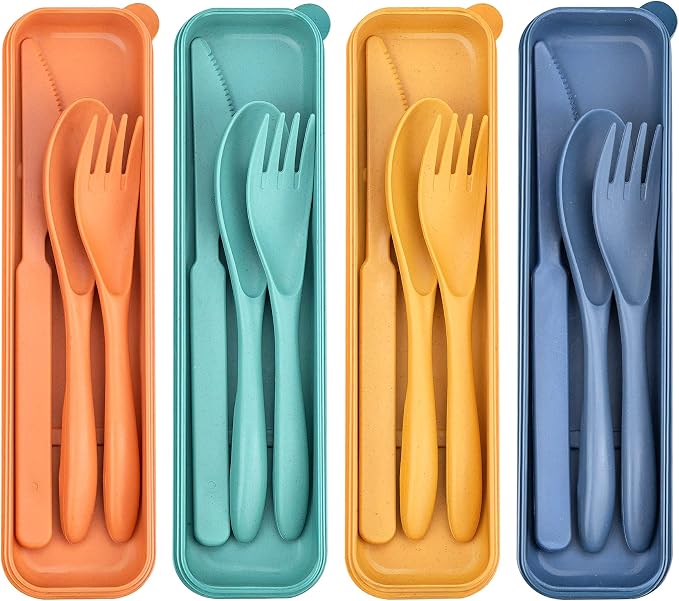 DISSKNIC 4 Sets Reusable Utensils Set with Case,Travel Utensils Cutlery Set Spoons and Forks Set, Reusable Plastic Utensils for Lunch Box Accessories for Adults, Portable Lunch Utensils Set for Daily