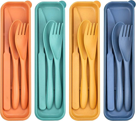 DISSKNIC 4 Sets Reusable Utensils Set with Case,Travel Utensils Cutlery Set Spoons and Forks Set, Reusable Plastic Utensils for Lunch Box Accessories for Adults, Portable Lunch Utensils Set for Daily