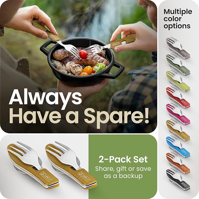 Orblue 4-in-1 Camping Eating Utensils, 2-Pack - Portable Spoon, Fork, Knife & Bottle Opener Combo Set - Stainless Steel Flatware with Detachable Fork - Travel, Backpacking Cutlery Multitool, Yellow