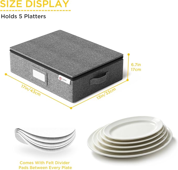 YearningHome China Storage Containers Hard Shell Box for Moving Dishes, Plate, Wine and Glasses, Dinnerware, Mugs, Saucers Quilted Organizer Dividers for Packing China Storage 2 Pack Platter Storage