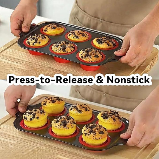 Silicone Muffin Pan Molds, 6 Cups Muffin Pans with Metal Frame, Muffin Pans for Baking, Non Stick Baking Tray for Ovens, Bakeware with Press to Release Design, Cake Pop Mold, Silicone Egg Molds, Red