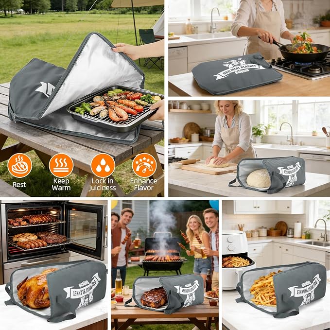 Upgraded BBQ Blanket for Resting Meat -Smoker Accessories Insulated Meat Resting Bag with Wide Mouth for Brisket/Steak/Pork Shoulder/Turkey - BBQ Accessories Grilling Gifts for Men (Gray, 21inch)