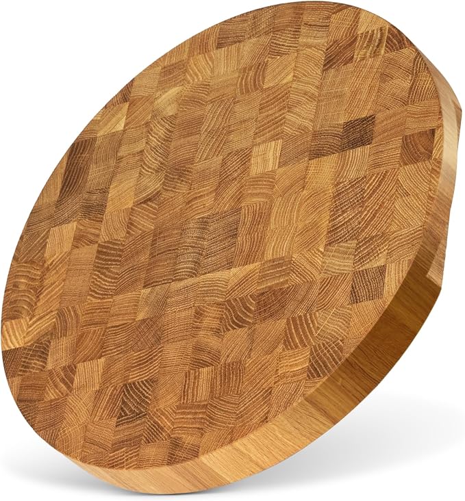 End Grain 12" Round European Oak Wood Cutting Board, Butcher Block, Wooden Chopping Board with Non-Slip Feet & Handles, Charcuterie Board, Knife-Friendly, Serving Cutting Board for Kitchen