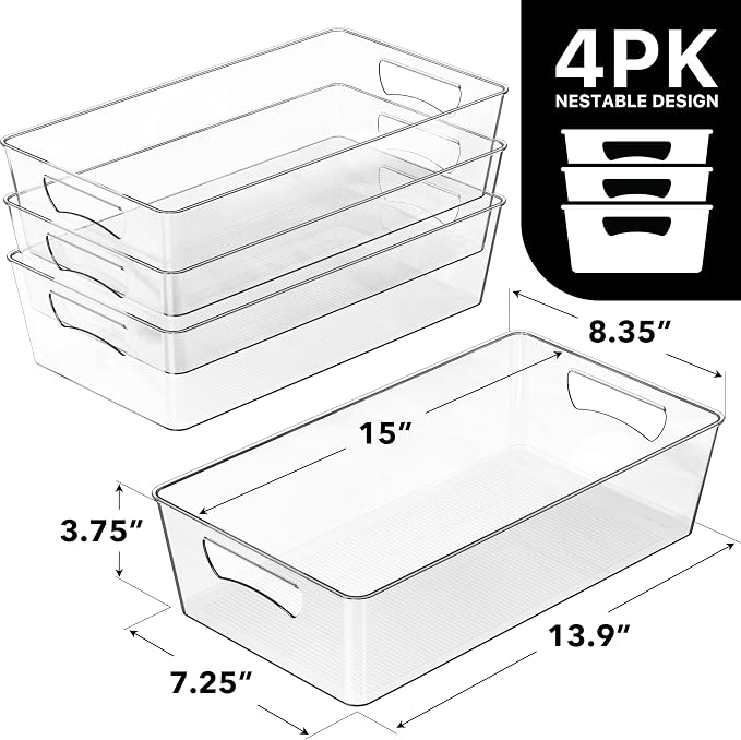 Simple Houseware 4 Pcs Kitchen Clear Bin Storage Organizer 15" x 8" x 3.75"