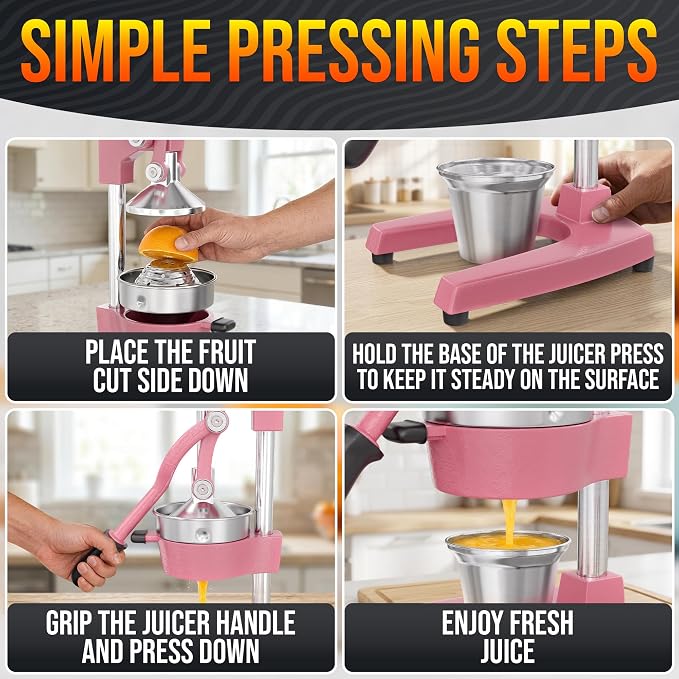 Cast Iron Juicer Hand Press, Heavy-Duty Squeezer, 304 Stainless Steel Bowl – One Pull Extracts Full Juice – Manual Citrus Press Juicer & Orange Squeezer for Lemon, Lime & Lemonade at Home Bar (Pink)