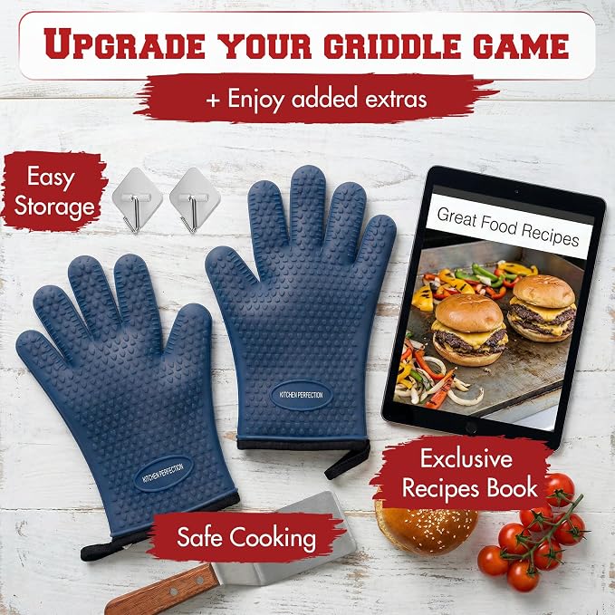 KITCHEN PERFECTION XL Silicone Griddle Gloves - Heat Resistant Oven Mitts | Waterproof, 5-Finger Design For A Better Grip, Best Griddle Grilling Accessories, Compatible with Blackstone, Weber & More