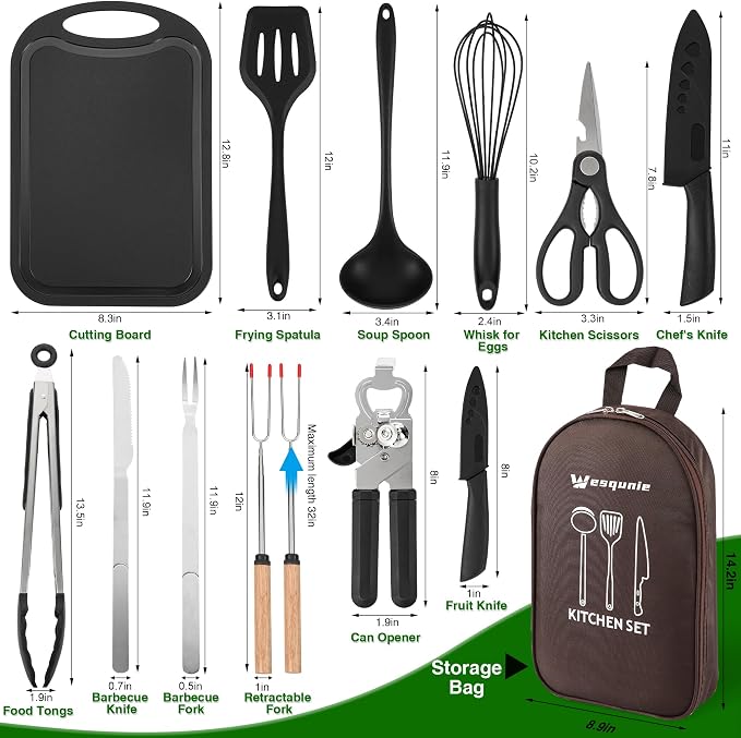 Camping Essentials Cookware Cooking Utensils Set - Portable Camp Kitchen Mess Kit Outdoor Accessories, Stainless Steel & Silicone, Camping Gear Equipment for RV Picnic Grill, Brown | Stainless Steel & Silicone Mess Kit, Durable Outdoor Kitchen Gear for...