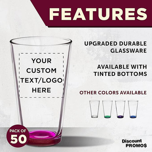 Custom Arc Pint Glass 16 oz. Set of 50, Personalized Bulk Pack - Beer Glasses, Heavy Duty Drinkware - Pink