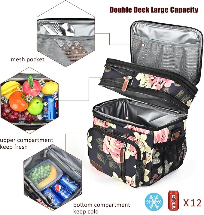 MIYCOO Lunch Bag for Women & Men, Expandable Double Deck Lunch Box, 15L | Leakproof & Waterproof, Portable, Large Soft Insulated Cooler bag for Adult, Work, Camping, Beach, Picnic, Travel