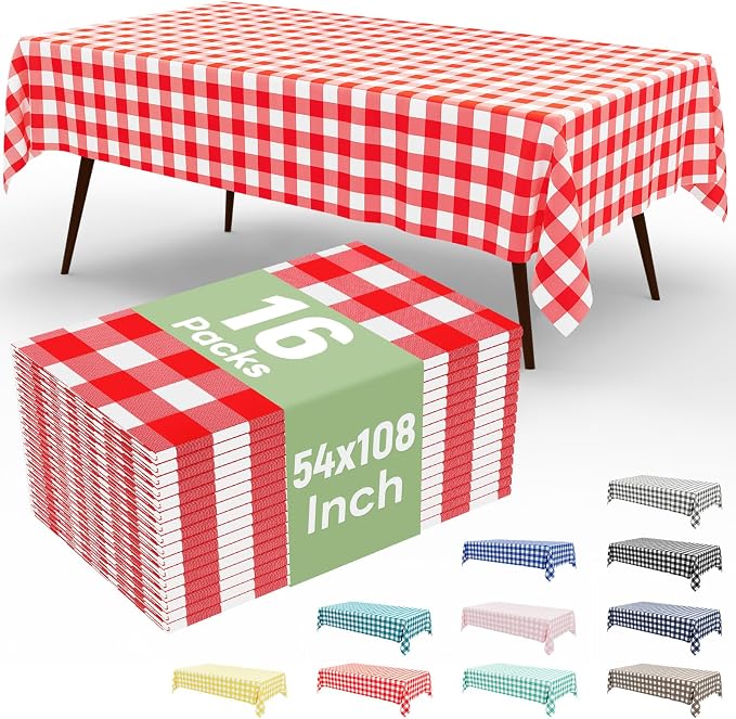 16 Packs Buffalo Disposable Table Cloth, 54 x 108 Inch Waterproof Plastic Tablecloth, Rectangle Red and White Checkered Table Covers for Picnic, Birthday, Party, Back to School